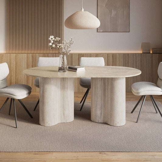 Table marbre composite beige pieds organiques 6 personnes — Vanina